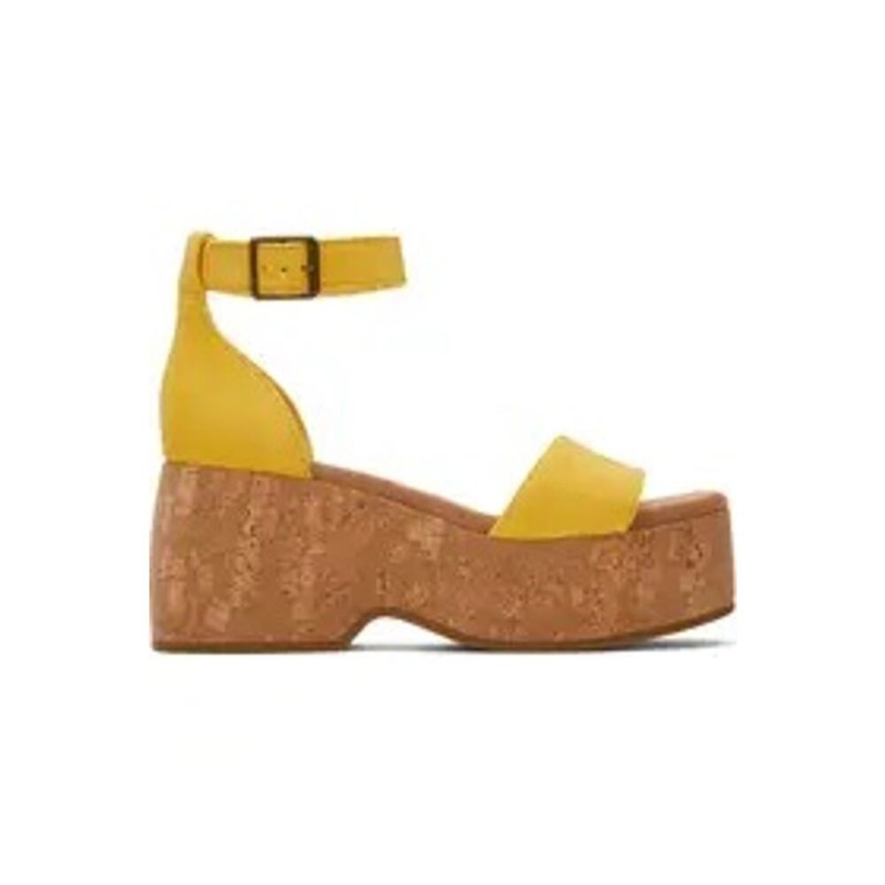 TOMS Laila Cork Platform Sandal in Yellow Suede Ankle Strap 3" Heel Womens Sz. 9 - Picture 2 of 16